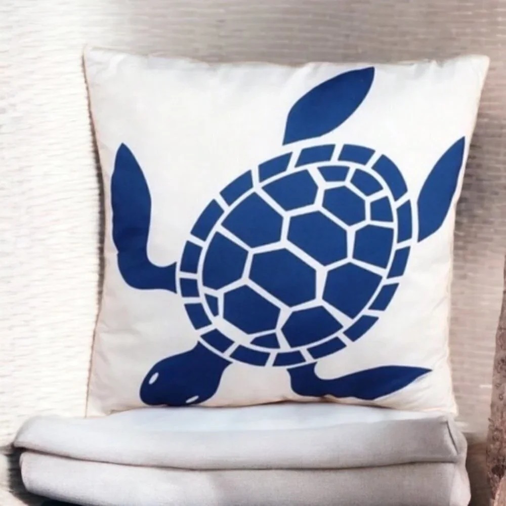 Coastal Pillow Cover Sea Turtle Nautical Graphic Beach 17.7 in Square Blue White